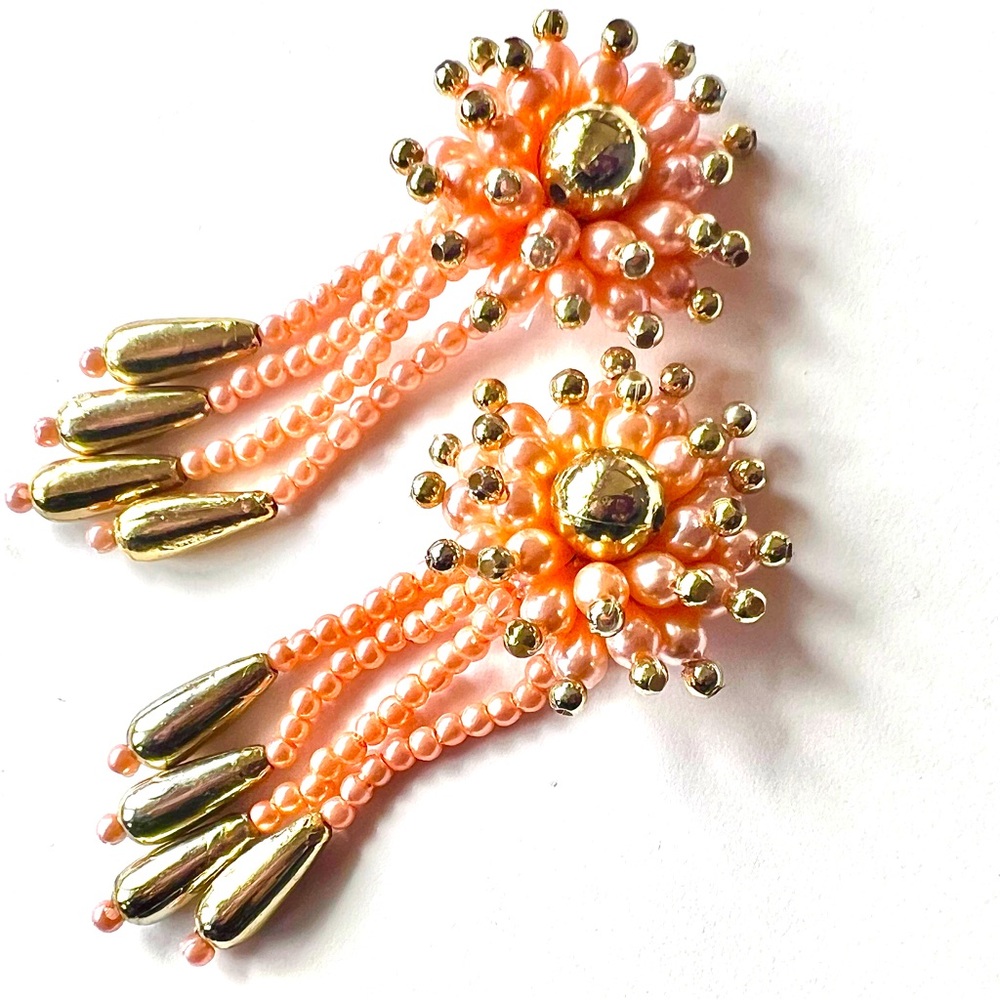 Retro Beaded Fringe Ear Clips Dangle Cascade Kitsch Gold Peach Vintage Earrings